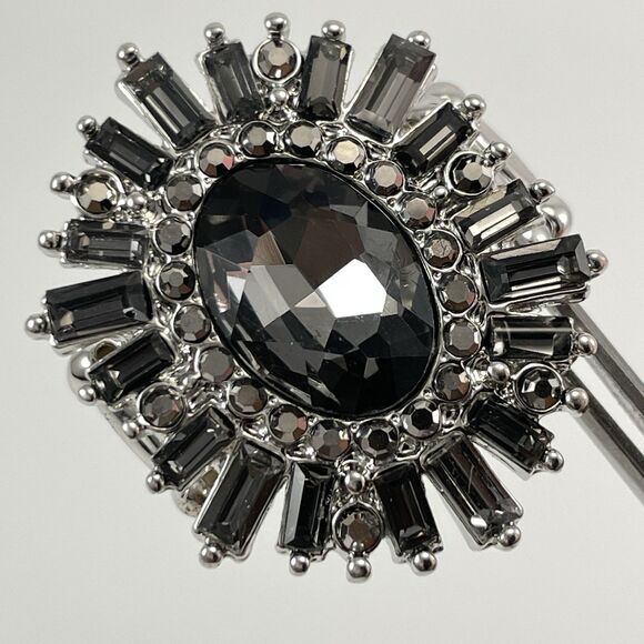 Silver Tone Stretch Band Gray Glass Rhinestone Starburst Bling Ring Adjustable - Picture 2 of 7